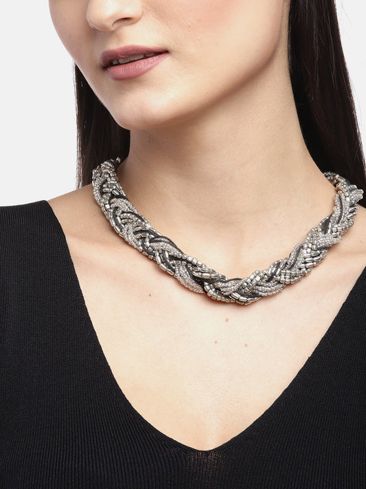 Women Black Silver-Plated Artificial Beaded Braided Necklace