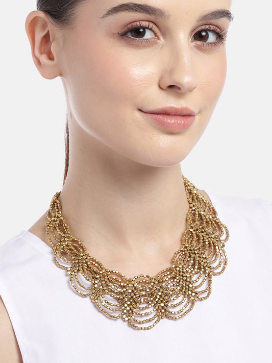Gold-Plated Beaded Multi-Layered Statement Necklace