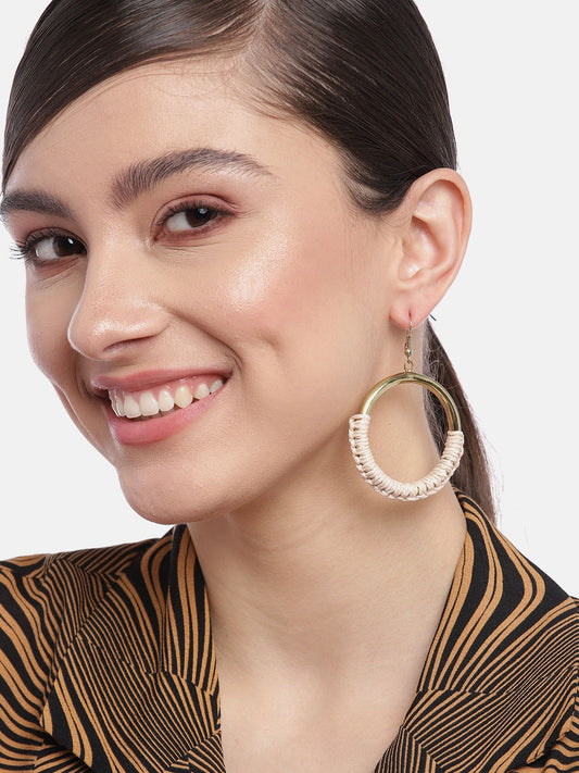 Beige & Gold-Toned Circular Beaded Hoop Earrings