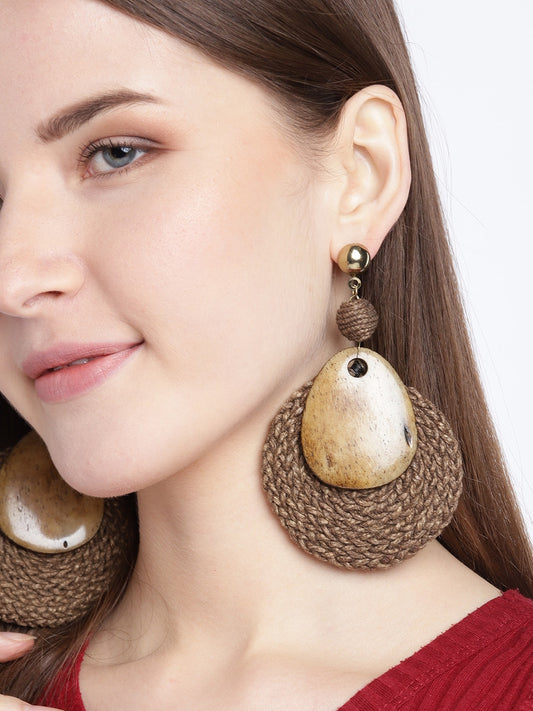 Brown Gold-Plated Woven Design Circular Drop Earrings