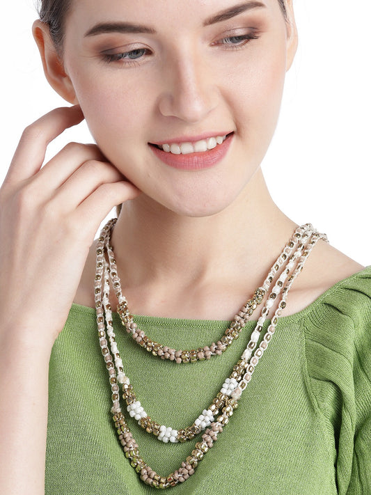 Women White & Beige Gold-Plated Beaded Layered Necklace