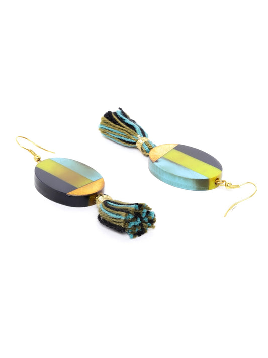 RICHEERA Lime Green & Blue Resin Print Tasselled Oval Drop Earrings