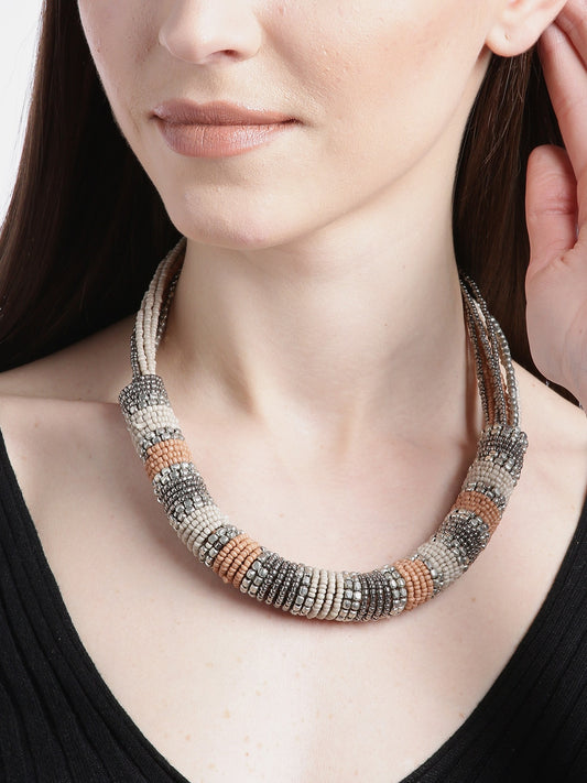 Women Beige & Brown Silver-Plated Beaded Necklace