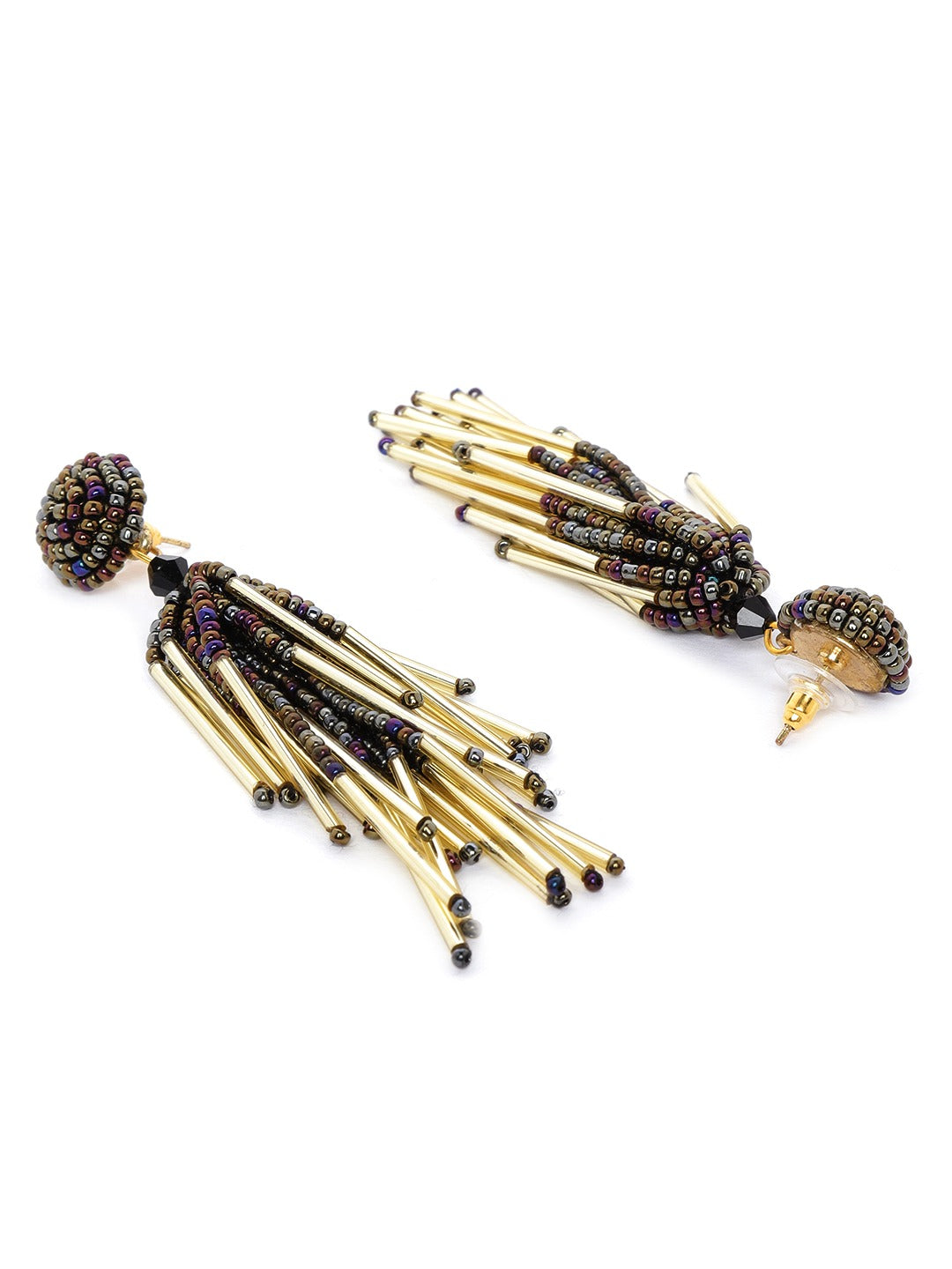 Gunmetal-Toned & Gold-Toned Beaded Iridescent Effect Contemporary Drop Earrings