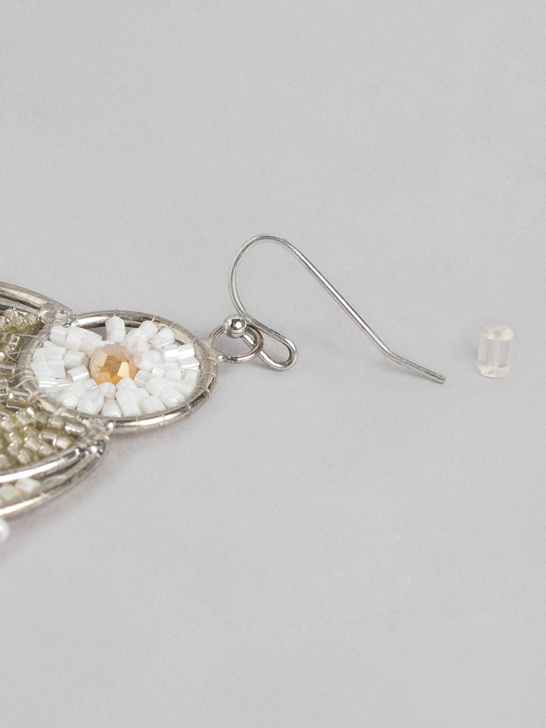 Silver-Toned & Beige Crescent Shaped Beaded Chandbalis Earrings - Richeera