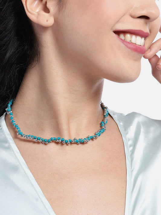 Blue & Silver-Plated Artificial Beads Necklace