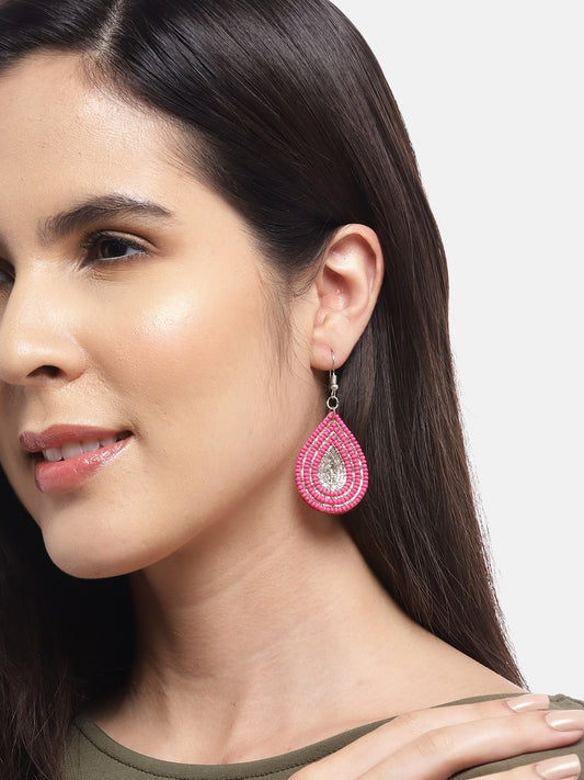 Silver-Plated Artificial Beads Teardrop Shaped Drop Earrings