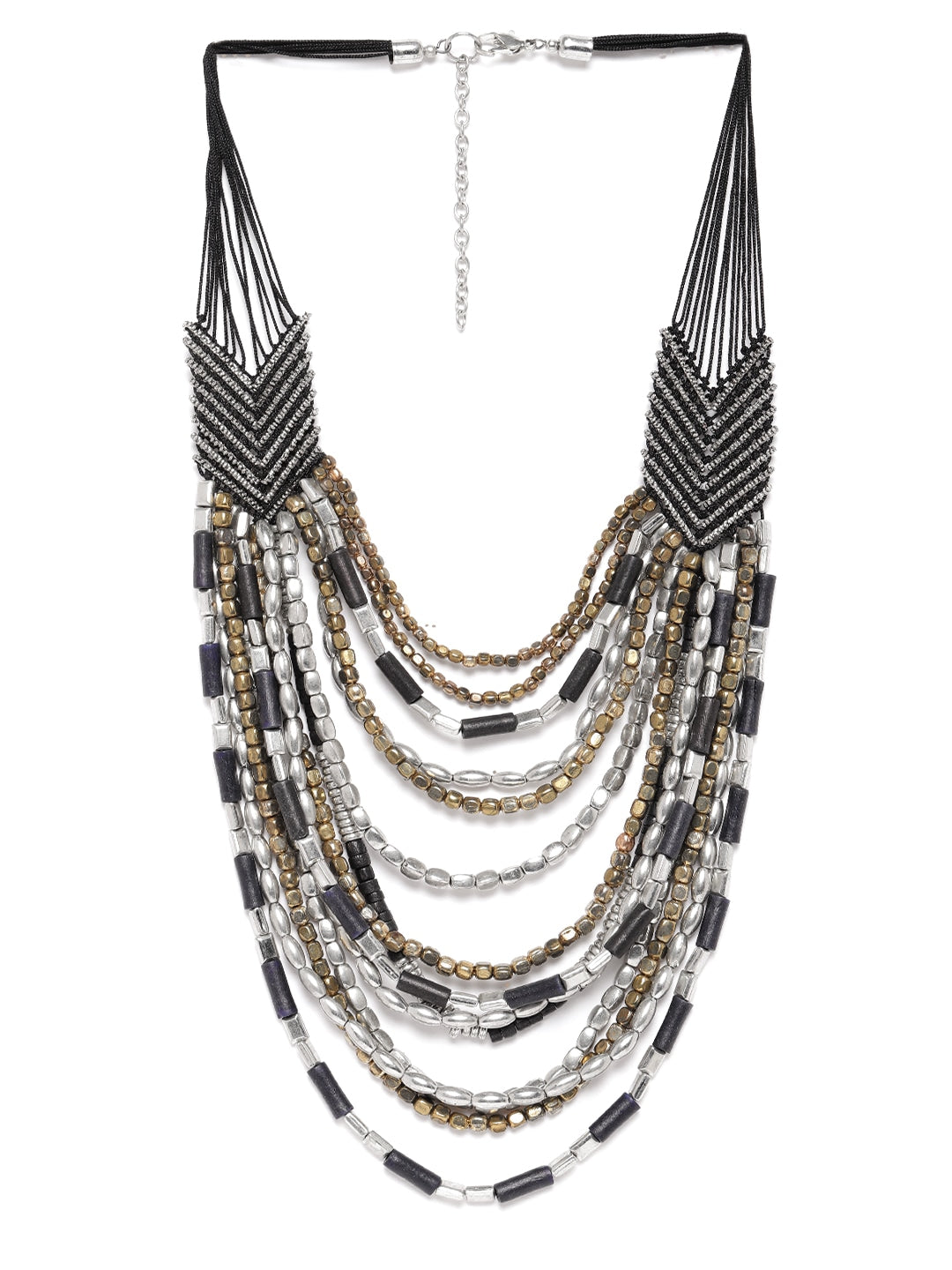 Women Black & Silver-Toned Gold-Plated Artificial Beaded Layered Necklace