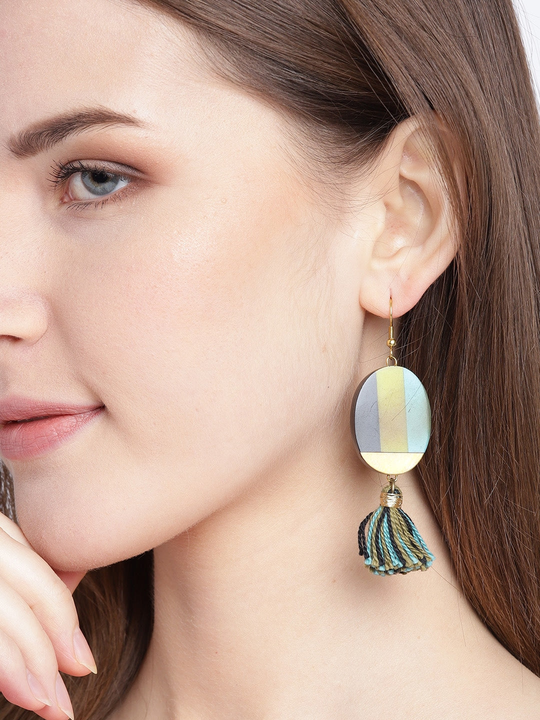 RICHEERA Lime Green & Blue Resin Print Tasselled Oval Drop Earrings