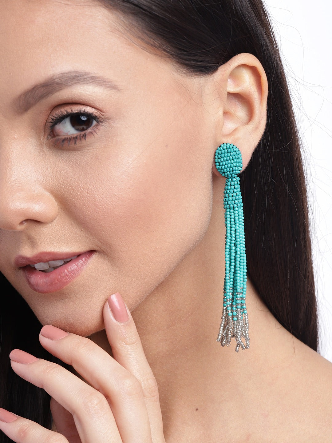 RICHEERA Sea Green & Grey Beaded Tasselled Drop Earrings