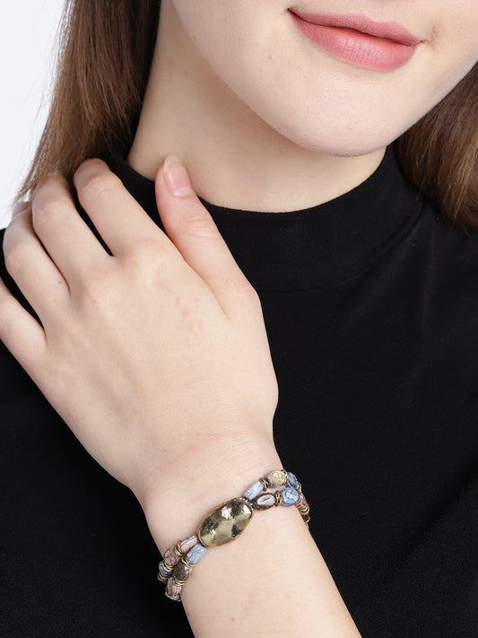 Brown & Grey Gold-Plated Beaded Dual-Stranded Elasticated Bracelet