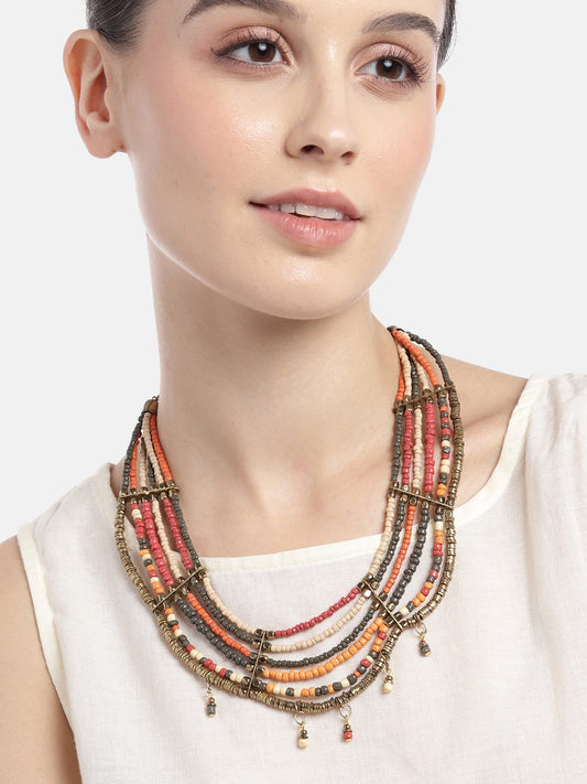 Gold-Plated Beaded Multi-Layered Statement Necklace