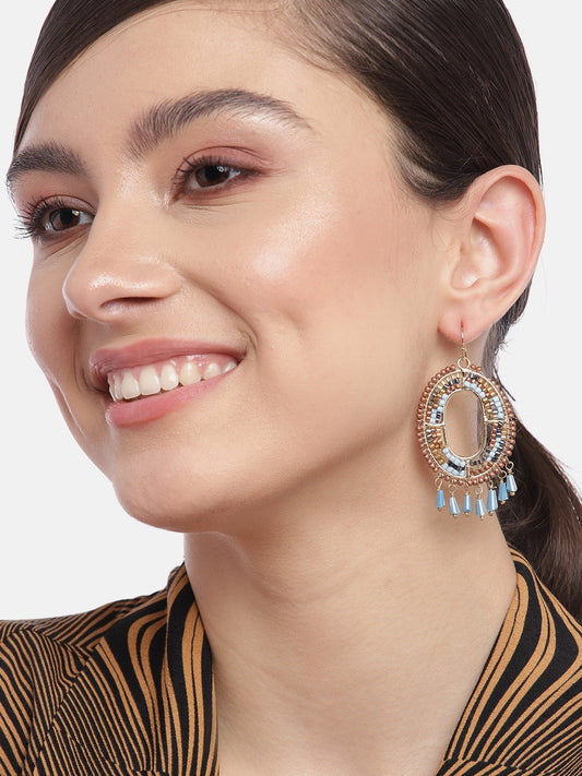 Blue & Gold-Toned Beaded Oval Drop Earrings