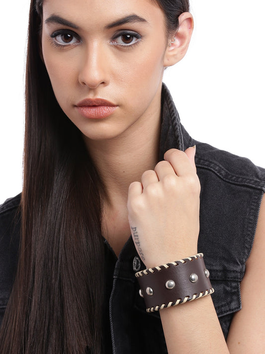 Women Brown & Silver-Toned Leather Wraparound Bracelet