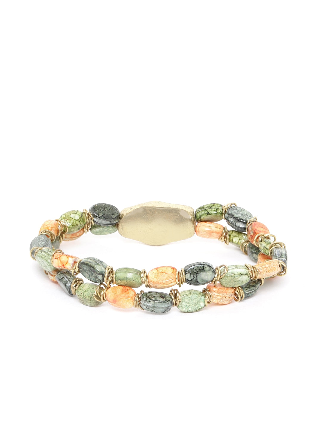 Olive Green & Orange Gold-Plated Beaded Dual-Stranded Elasticated Bracelet