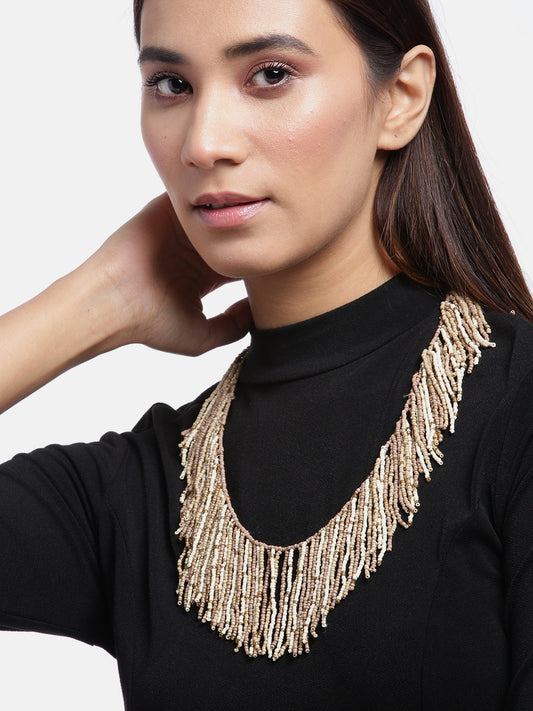 Beige & Off-White Gold-Plated Beaded Tasselled Necklace