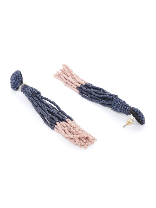Navy Blue & Peach-Coloured Colourblocked Beaded Tasselled Drop Earrings