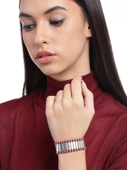 RICHEERA Women Silver-Toned & Red Silver-Plated Elasticated Bracelet