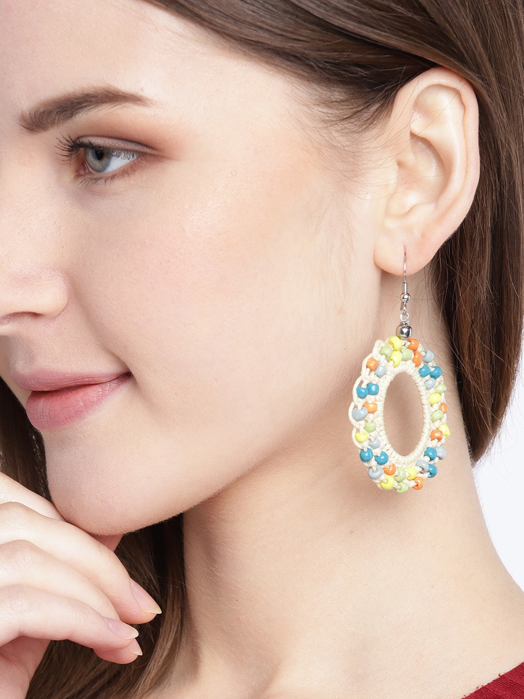 Multicoloured Beaded Crochet Oval Drop Earrings