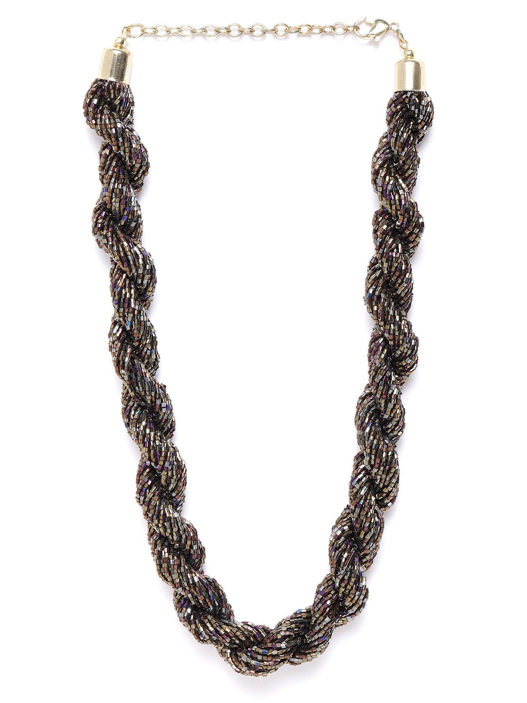 Gunmetal-Toned & Bronze-Toned Glass Beaded Statement Twisted Necklace