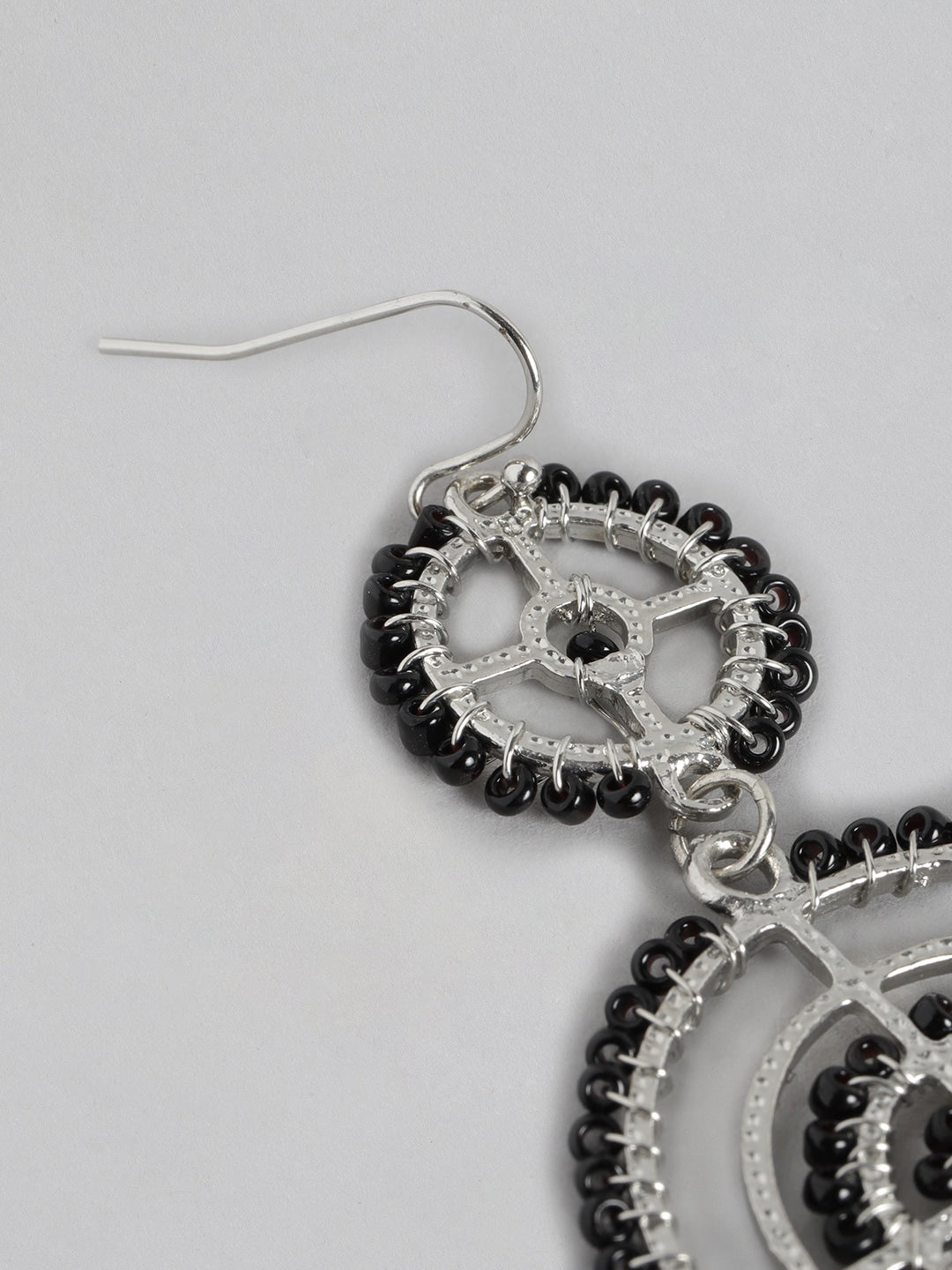 Black & Silver-Toned Circular Drop Earrings