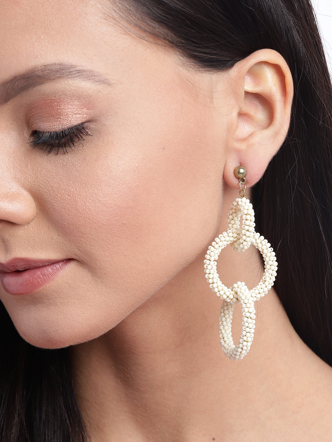 Richeera Cream-Coloured Gold-Plated Beaded Circular Drop Earrings