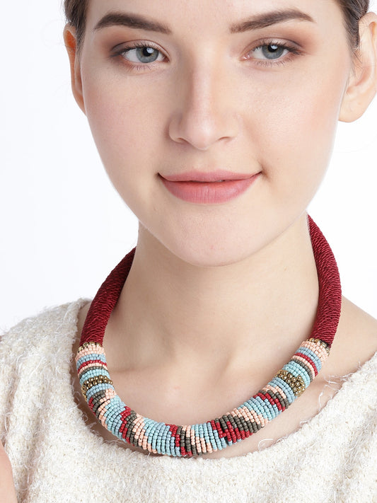 Women Maroon & Blue Beaded Necklace