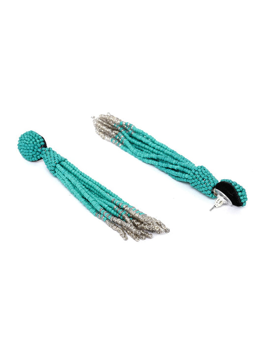 RICHEERA Sea Green & Grey Beaded Tasselled Drop Earrings