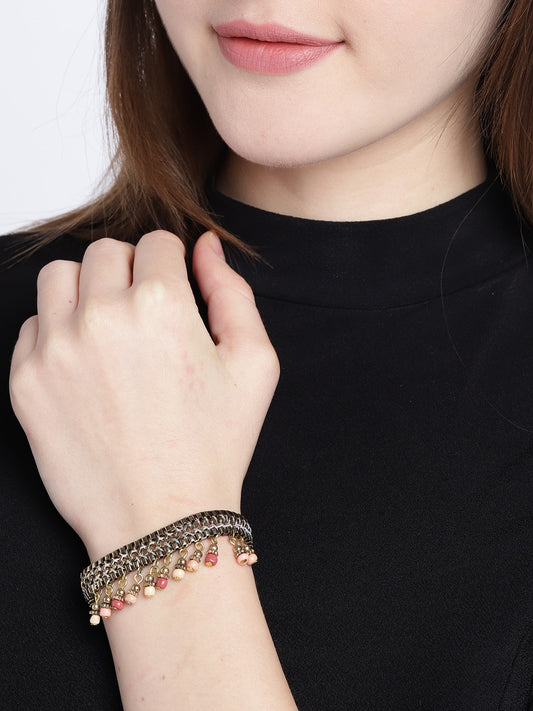 Peach-Coloured Antique Gold-Plated Beaded Bracelet