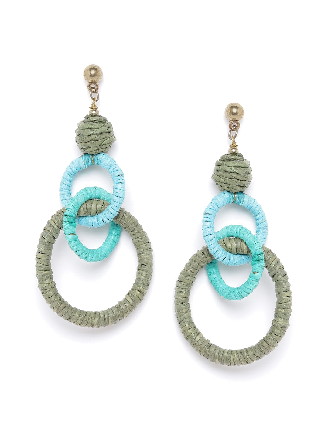 Olive Green & Blue Gold-Plated Colourblocked Circular Drop Earrings