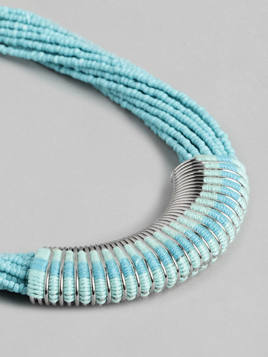 Blue & Silver-Toned Silver-Plated Beaded Necklace