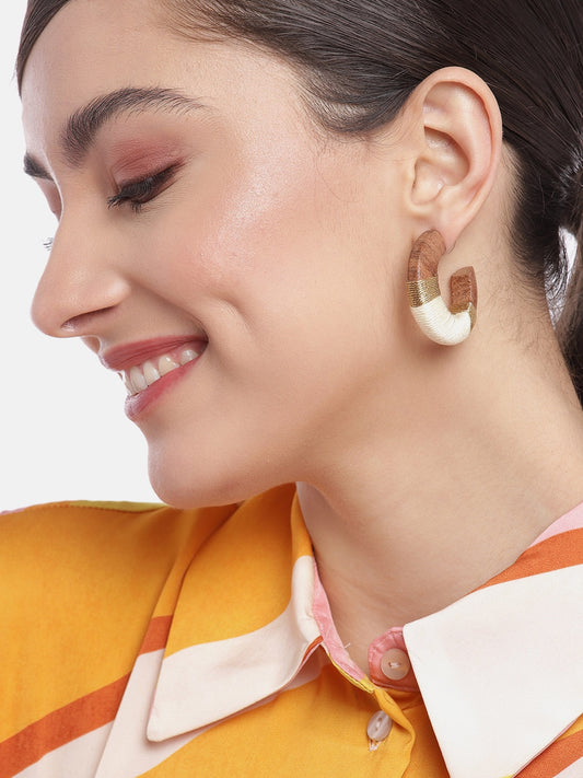 Brown & Beige Crescent Shaped Half Hoop Earrings