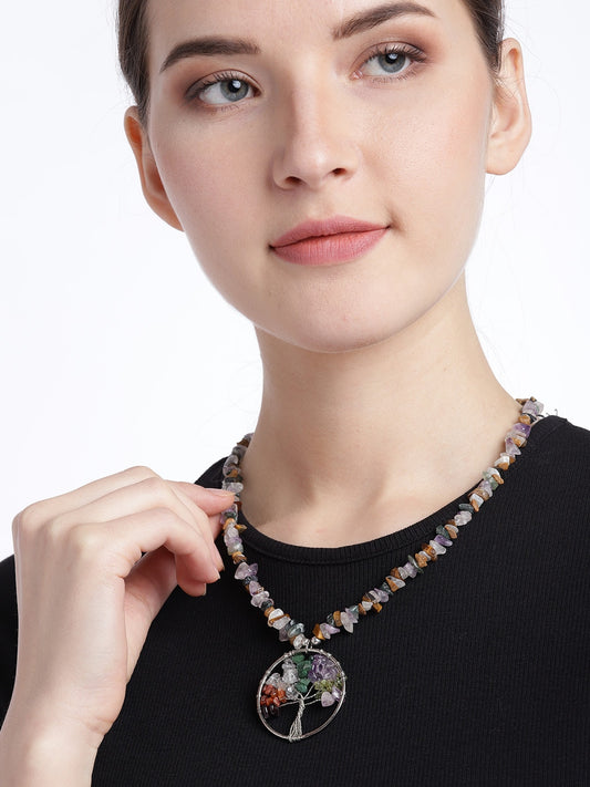 Multicoloured Silver-Plated Agate Studded Necklace