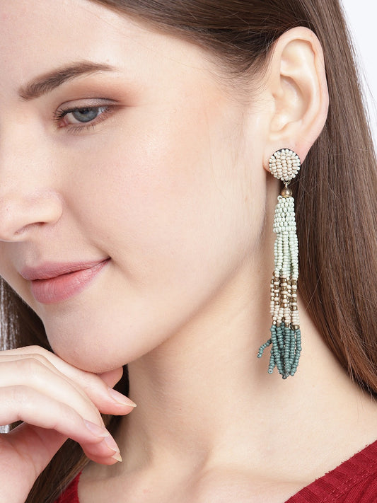 Green & Beige Gold-Plated Beaded Tasselled Drop Earrings