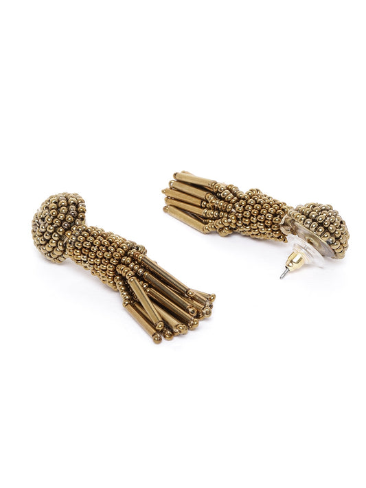 RICHEERA Antique Gold-Toned Beaded Tasselled Contemporary Drop Earrings
