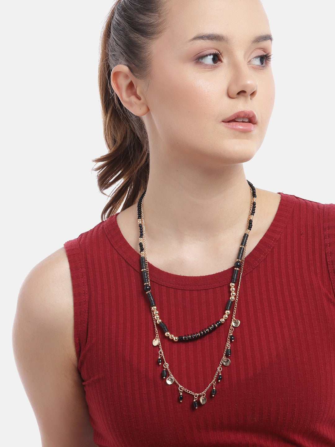 RICHEERA Gold-Plated Black Beaded Necklace