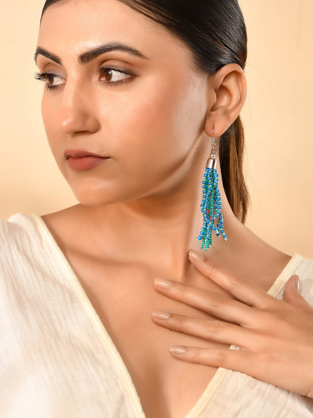 RICHEERA Blue Beaded Contemporary Drop Earrings - Richeera