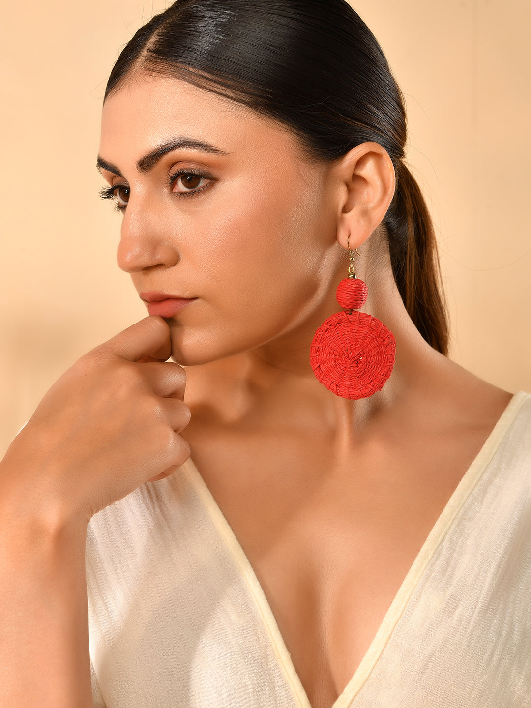RICHEERA Red Fabric Circular Drop Earrings - Richeera