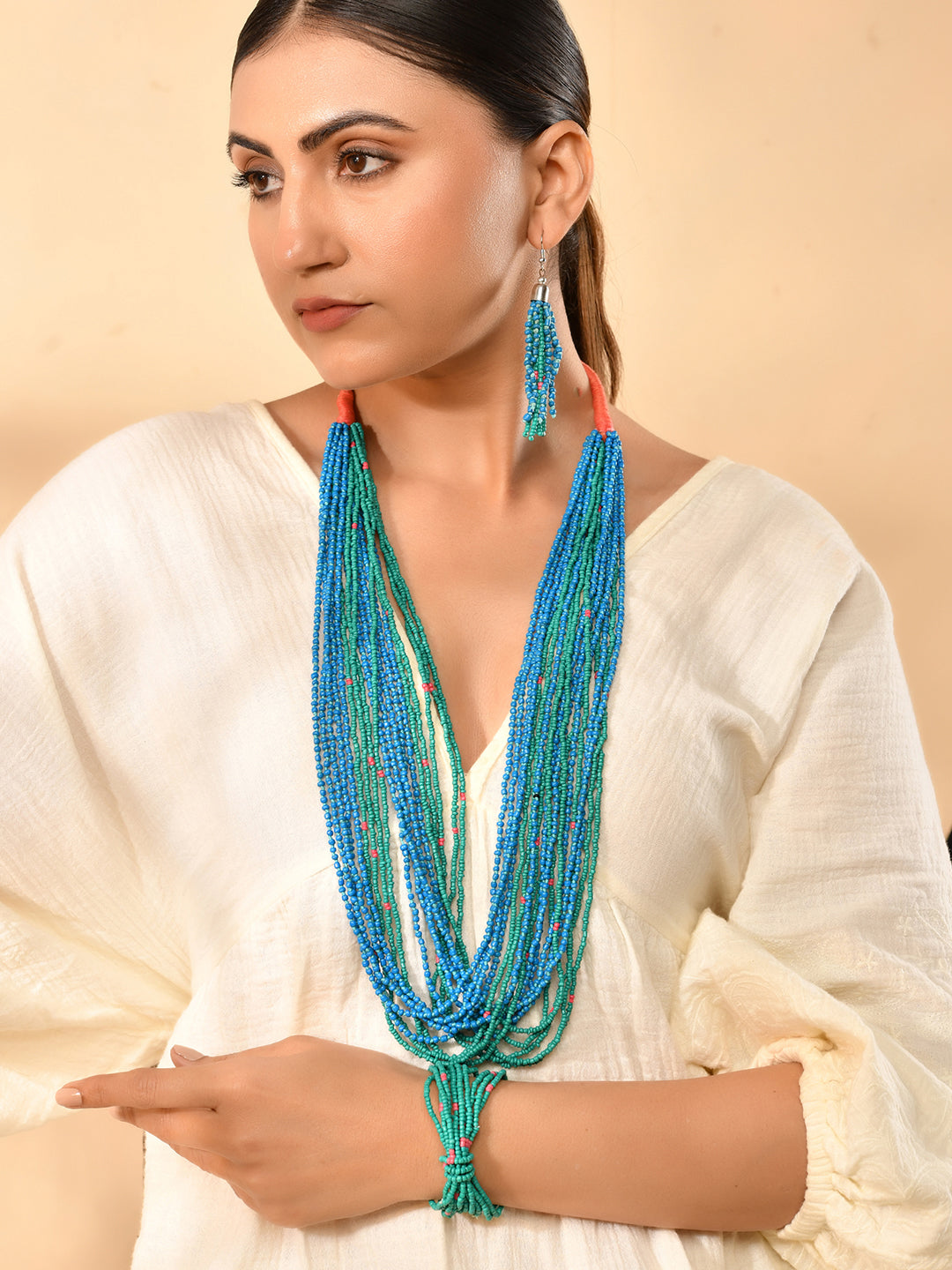 RICHEERA Silver-Plated Blue & Green Beaded Jewellery Set - Richeera