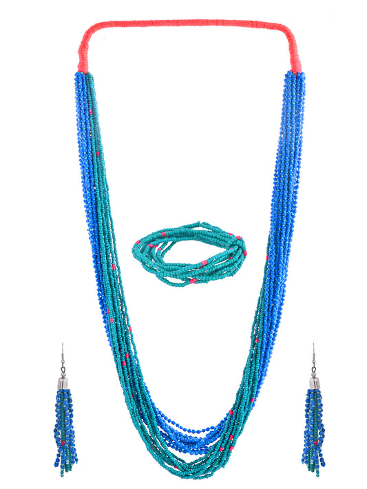 RICHEERA Silver-Plated Blue & Green Beaded Jewellery Set - Richeera