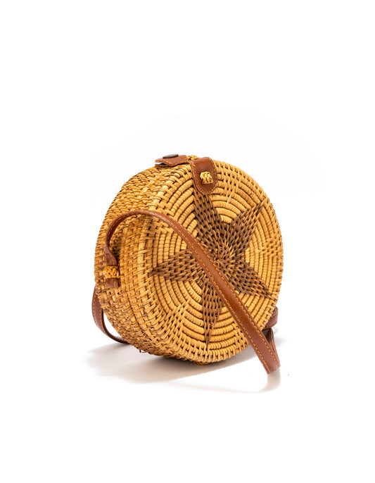 Handwoven Round Boho Bag Shoulder Crossbody Bag Natural Woven Straw Tote Bag with Leather Straps for Ladies Women