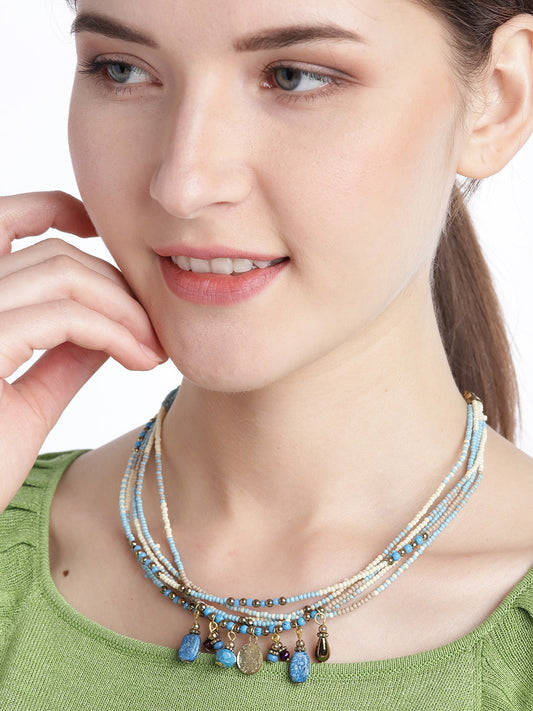 Women Blue & Off-White Antique Gold-Plated Beaded Necklace