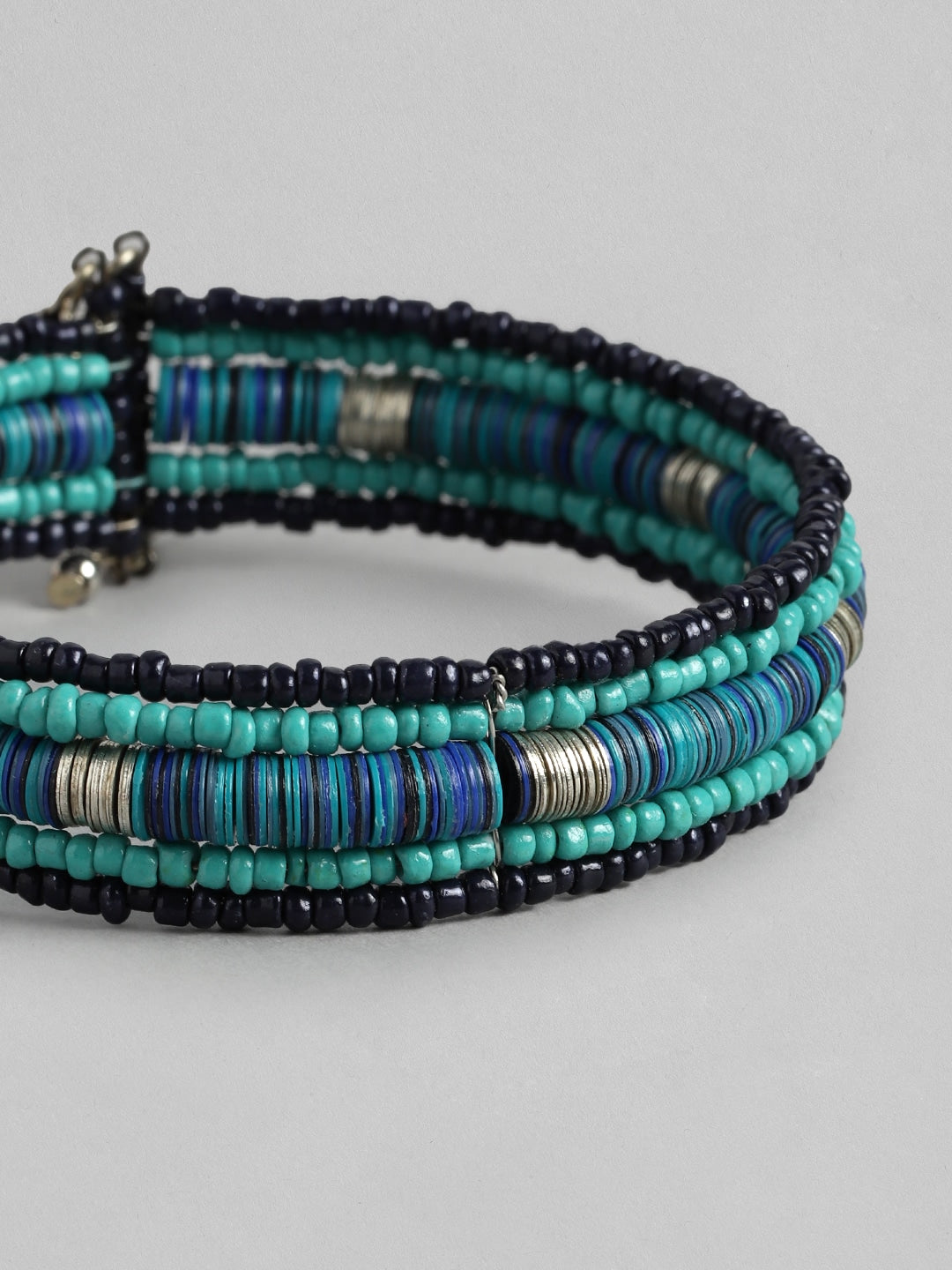 Women Silver-Plated Beaded Multi-Layered Cuff Bracelet