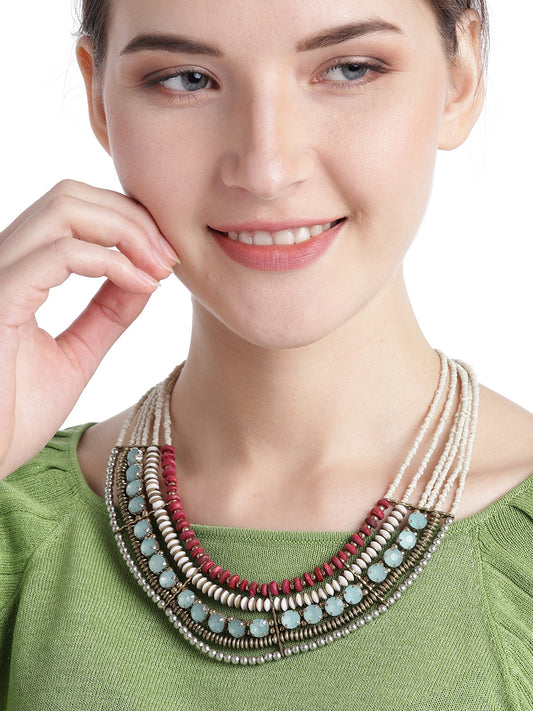 Women Multicoloured Silver-Plated Stone-Studded & Beaded Layered Necklace