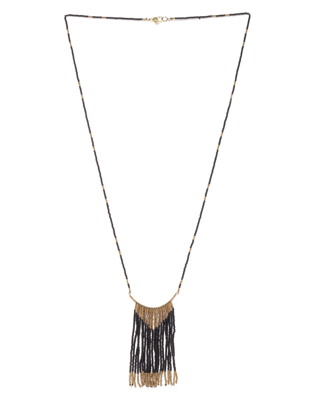 Black & Gold Beaded Antique Necklace with Fringed Detail