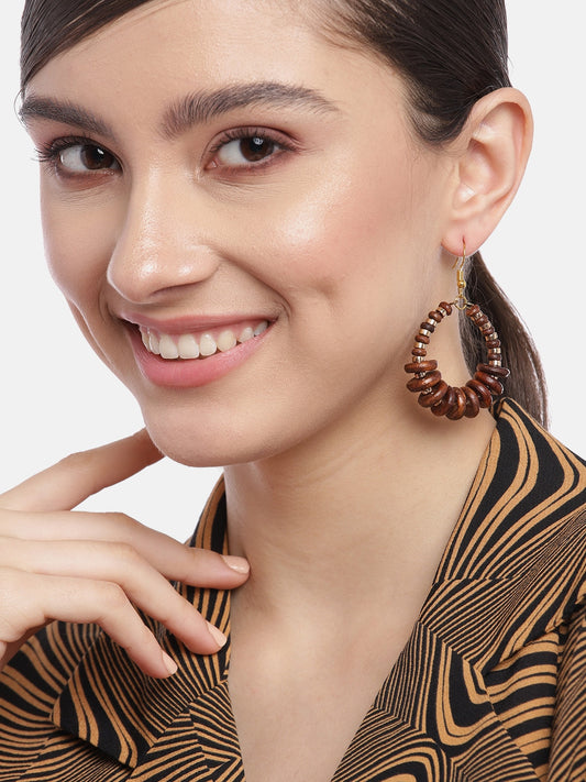 Brown & Gold-Toned Beaded Oval Drop Earrings