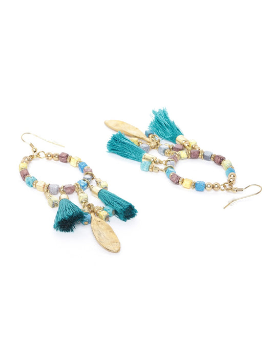 RICHEERA Turquoise Blue & Brown Gold-Plated Beaded Tasselled Teardrop Shaped Drop Earrings