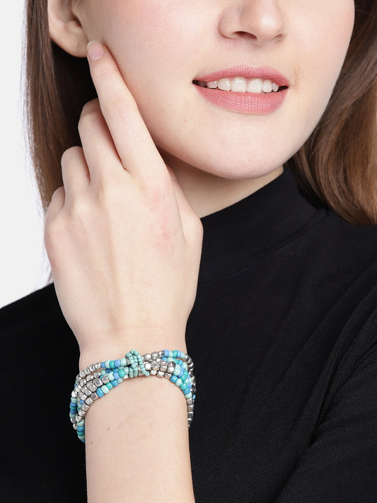 Blue & Silver-Toned Beaded Multistranded Elasticated Bracelet