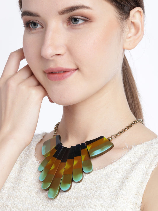 Women Mustard Brown & Black Antique Gold-Plated Resin Print Necklace