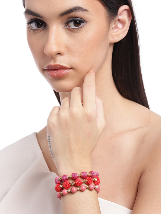 Women Set of 3 Pink & Red Gold-Plated Elasticated Bracelet